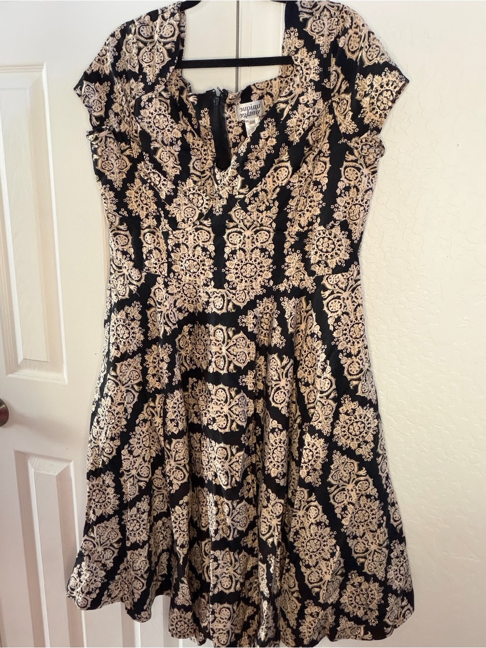 Unique Vintage Black and Cream Fit-and-Flare Midi Dress